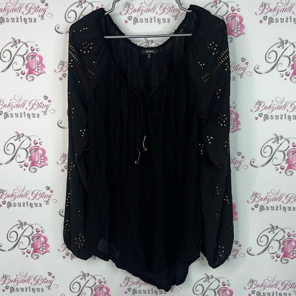 XOXO Black Blouse with Gold Detailing tassle tie ups geometric gold details